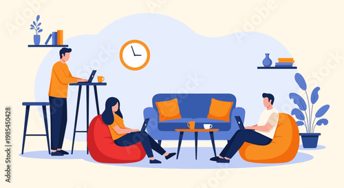 People working and relaxing in a modern office space.