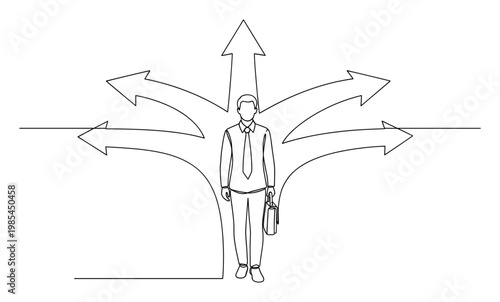 Businessman facing multiple arrows representing career path choices and important life decisions, ideal for corporate strategy and business development presentations