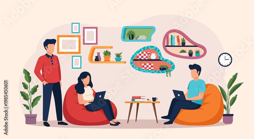 People relaxing and working in a modern lounge area.