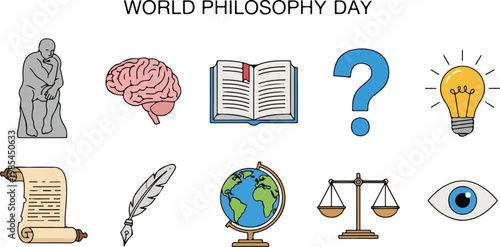 World Philosophy Day celebration icons a collection of symbols representing knowledge, thinking, and inquiry