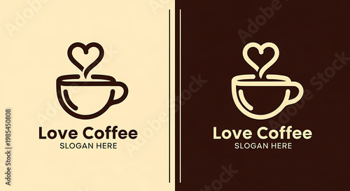 Coffee logo design with heart steam on beige and brown backgrounds