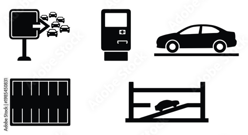 Parking and vehicle access icons with entrance signs, payment machines, cars, parking lot grids, multilevel garages for urban planning and transportation infrastructure.