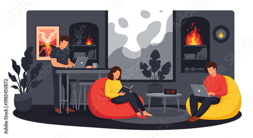 People working and relaxing in a cozy modern living room.