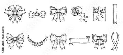 Variety of hand drawn bows, ribbons, and gift box designs perfect for holiday, celebration, and packaging projects, enhancing festive and decorative compositions.