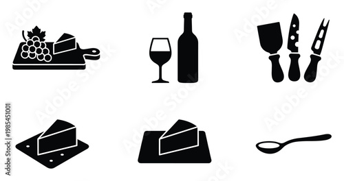 Black silhouette icons of cheese, wine, grapes, and serving utensils perfect for culinary applications, food blogs, restaurant menus, and graphic design projects