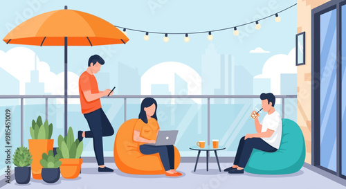 People relaxing and working on a balcony.