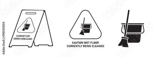 illustration of a wet floor warning sign, floor cleaning symbol, vector glyph of mop, broom, and bucket, eps 10