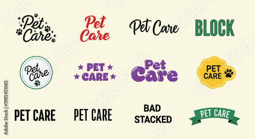 A colorful arrangement showcases multiple variations of pet care logos featuring diverse fonts colors and graphic elements high quality professional detailed modern