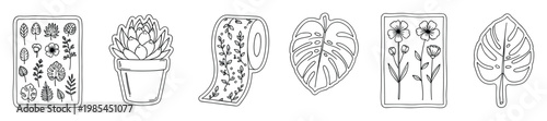 Botanical outline plant and flower designs including a potted succulent, a decorative tape, and tropical leaves perfect for graphic design projects and printable decals