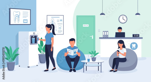 People waiting in a modern dental clinic reception area.