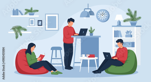 People working and studying in a comfortable home environment.