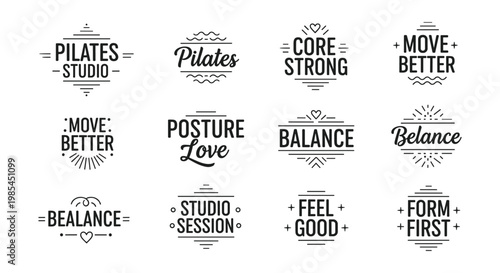 A collection of black and white graphic logos promoting pilates core strength balance and movement for a studio setting high quality professional