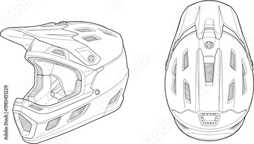 A detailed line drawing showcases a full face mountain biking helmet from both side and front perspectives highlighting its protective design