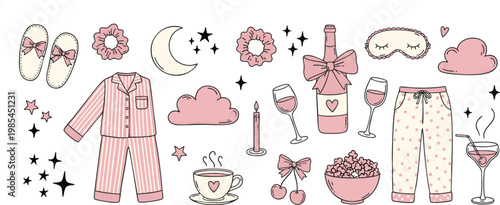 Pink Pajama Party Doodle Set with Cozy Items for a Fun Girls Night Slumber Party