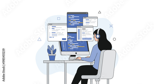 A woman wearing headphones is diligently working on multiple computer screens displaying code indicating software development or programming high quality professional detailed