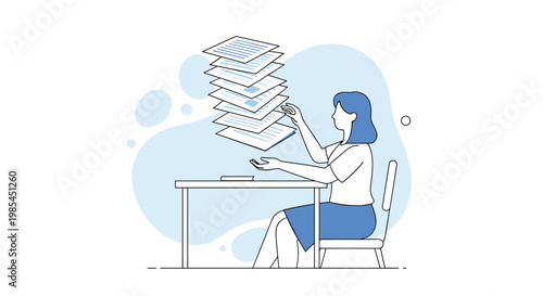 A woman sitting at a desk attempts to catch multiple floating papers with her hands illustrating a busy workload high quality professional