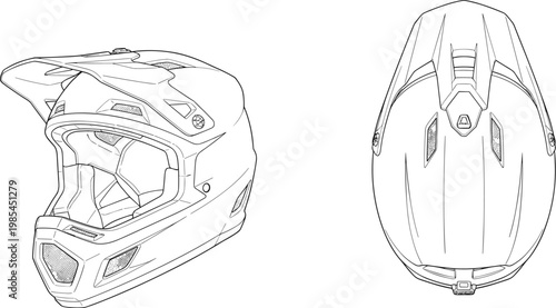 A detailed line drawing showcases a mountain biking helmet in both profile and front views highlighting its protective design high quality professional