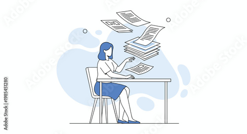 A woman sits at a desk with papers floating around her suggesting overwhelm stress or a busy workload high quality professional detailed