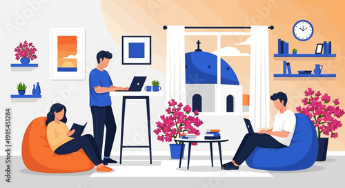 People working and reading in a cozy home environment.