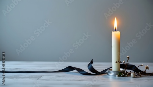 minimalist memorial background with a single lit candle and black mourning ribbon, soft glow, large empty copy space