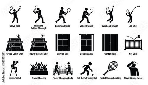Comprehensive collection of tennis pictograms illustrating player actions, court features, and game situations perfect for sports websites, mobile applications, and educational materials