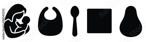 Simple silhouetted icons representing baby care and first solids feeding journey from infancy to complementary foods perfect for health and parenting resources