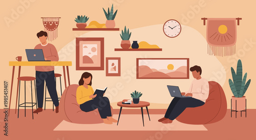 People working and reading in a cozy home environment.
