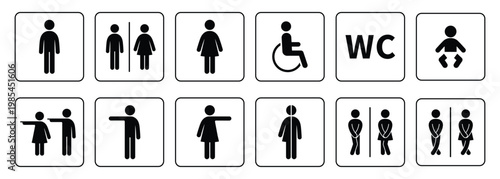 Comprehensive set of restroom and toilet icons including male, female, unisex, disabled access, baby changing room, WC sign, and directional symbols. Clean minimalist pictograms with some playful and 