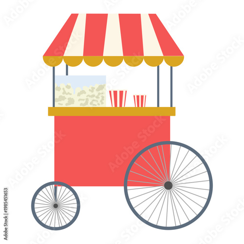 Classic red popcorn stall with a striped roof and large wheels. Flat vector illustration of a carnival food trolley with popcorn boxes isolated on white background.