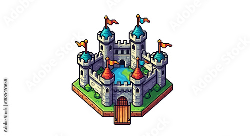 Isometric Pixel Art Castle Fortress with Flags and Moat.