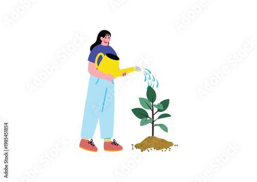 植物にジョーロで水をあげる女性のイラスト