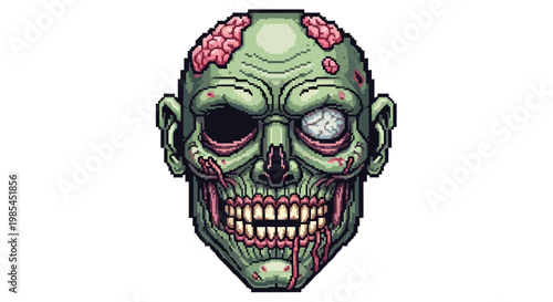 Horrifying Zombie Head Pixel Art Illustration.