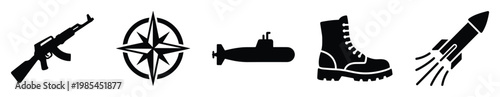 Essential military equipment and navigation icons depicted as strong black silhouettes including a rifle, compass, submarine, army boot, and flying rocket, suitable for various defense