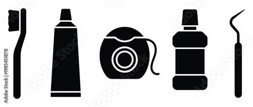 Essential oral hygiene tools and dental health products for a complete daily mouth care regimen, ideal for health and wellness presentations.