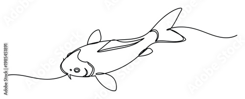 Minimalist continuous line drawing of a graceful koi fish swimming, embodying serenity and strength, ideal for natureinspired branding, traditional Japanese themes, or aquatic wildlife