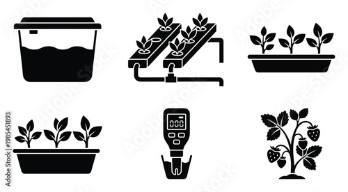 Vector symbols representing various hydroponic systems, plant growth stages, and water quality monitoring for agricultural projects and educational applications.