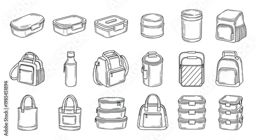Collection of diverse lunch boxes, food storage containers, and insulated bags for healthy meal preparation, portable snacks, school, work, and outdoor activities.