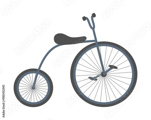 Classical high wheel bicycle with a large front wheel and small rear wheel. Flat vector illustration of a vintage circus transport isolated on white background.