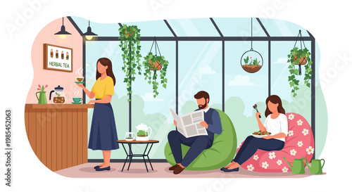 People relaxing in a modern greenhouse cafe enjoying leisure time.