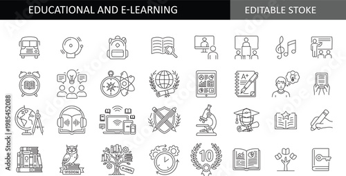 Education and E-Learning Icon Set: Vector Line Symbols for Online School, Academic Learning, University, Digital Classroom, Study Skills, and Science Education Concepts