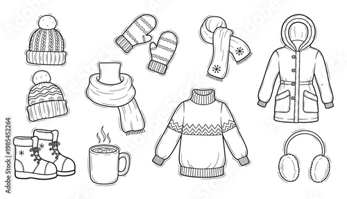 Winter clothing and accessories collection featuring warm hats, mittens, scarf, sweater, coat, boots, earmuffs, and a steaming mug, perfect for seasonal graphic projects and cold weather