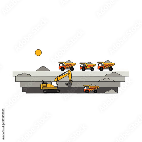 Excavator and dump trucks in a mining operation extracting minerals from the earth for industrial purposes
