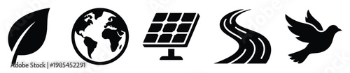 Versatile collection of ecological symbols like a green leaf, planet earth, renewable solar panel, flowing river, and peaceful flying bird, ideal for promoting nature conservation and