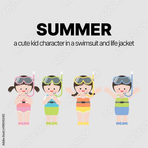 모자를 쓰고 구명조끼와 수영복을 입은 아이 캐릭터가 수영준 준비체조를 하고 있다.