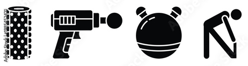 Comprehensive collection of physical therapy and fitness recovery equipment icons including foam roller, massage gun, therapy ball, and stretching pose, ideal for health and exercise