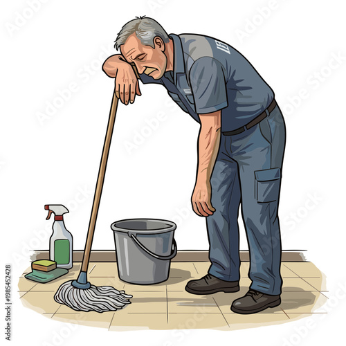 An exhausted janitor takes a break with his mop and bucket on a tiled floor.