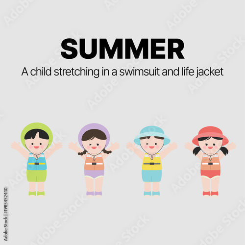 모자를 쓰고 구명조끼와 수영복을 입은 아이 캐릭터가 수영준 준비체조를 하고 있다.