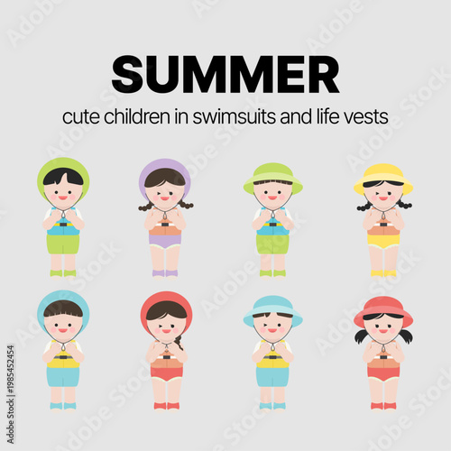 모자를 쓰고 구명조끼와 수영복을 입은 아이 캐릭터가 수영준 준비체조를 하고 있다.