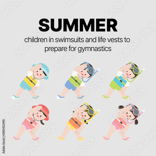 모자를 쓰고 구명조끼와 수영복을 입은 아이 캐릭터가 수영준 준비체조를 하고 있다.