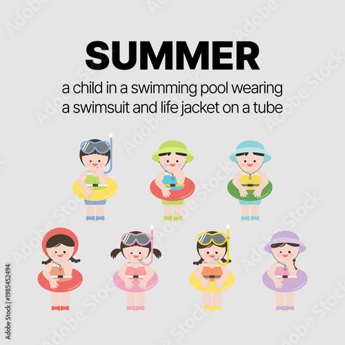 모자를 쓰고 구명조끼와 수영복을 입은 아이 캐릭터들 튜브를 타고 있다